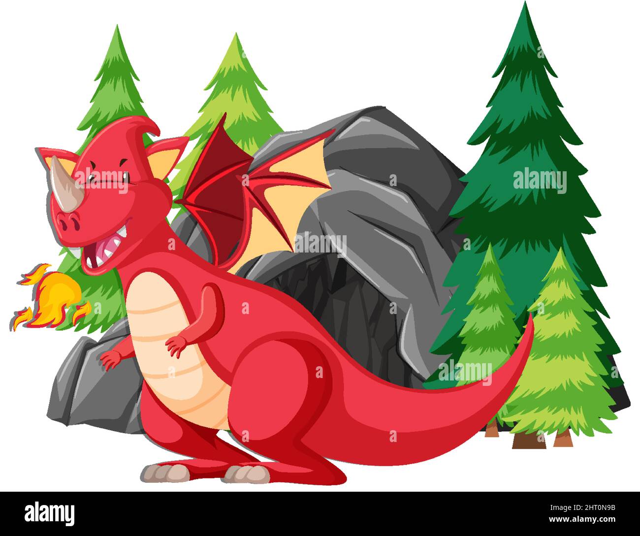 Red dragon breathing fire by the cave illustration Stock Vector Image ...