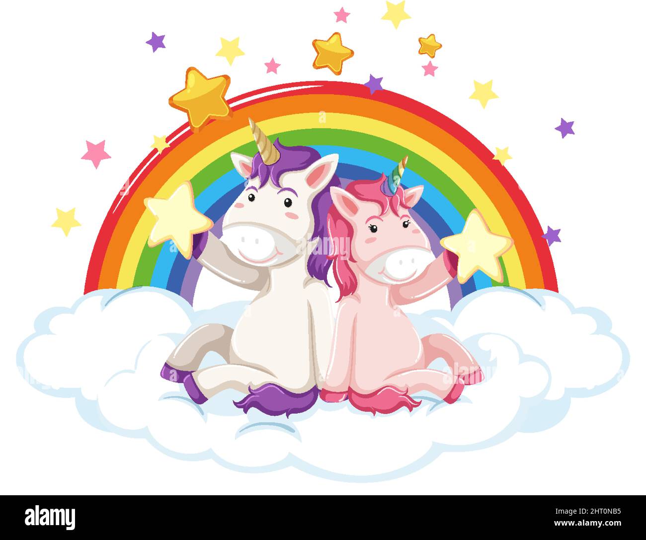 Unicorns sitting on a cloud with rainbow illustration Stock Vector ...