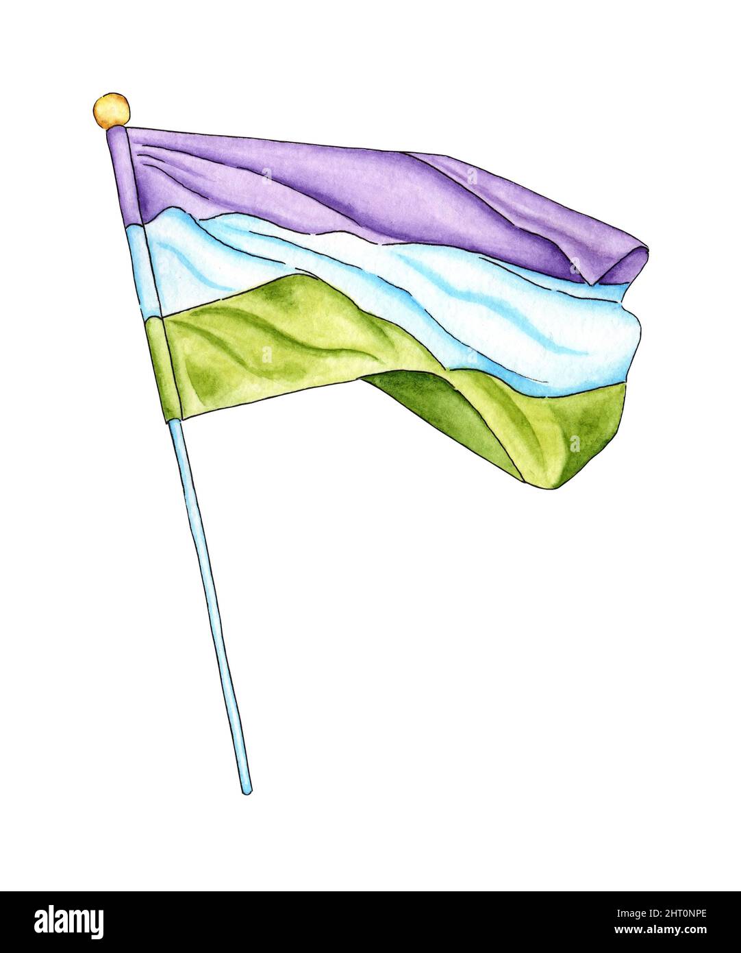 Watercolor illustration of the flag of the suffragettes purple, white, green. Women's march. The strength of a girl. The concept of feminism. Realisti Stock Photo