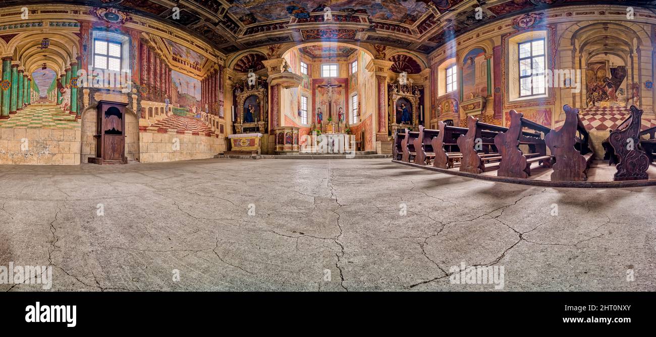 Panoramic interior view of the church Chiesa di Santa Croce - Convento di Sabiona, situated high above the Eisack Valley. Stock Photo