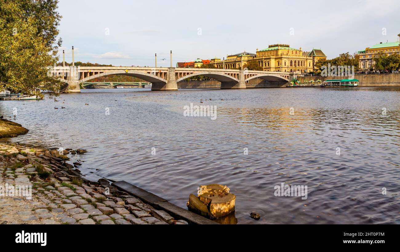 Vltava river and Manes bridge (Manesuv Most) in Prague, Czech Republic. Cityscape Stock Photo