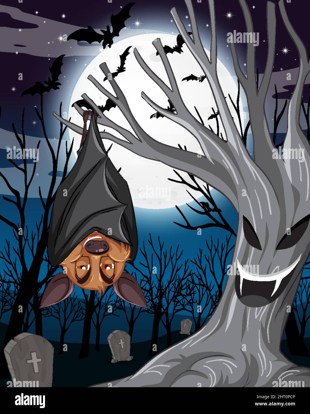 Halloween night scene with a bat hanging on tree illustration Stock ...