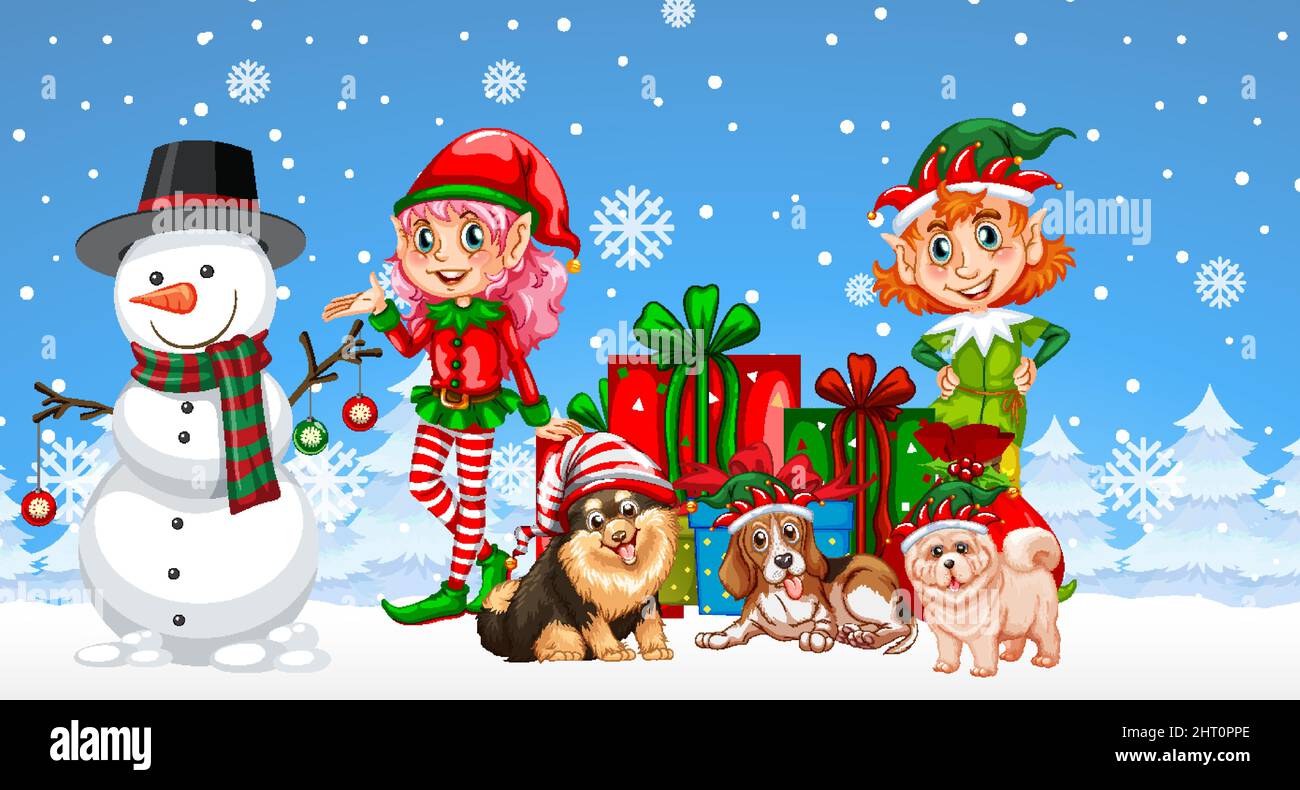 Christmas snowman with children on snowy blue background illustration ...