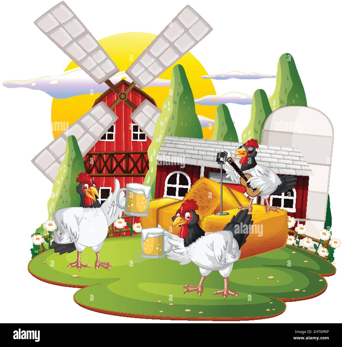 An isolated scene with a group of chickens in cartoon style