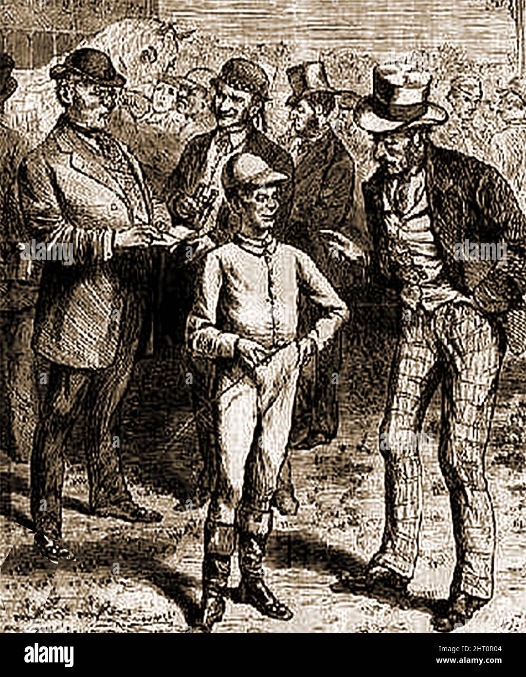 A PORTRAIT OF WILLIAM LEVIATHAN DAVIES, (BOOKMAKER ), TALKING TO A JOCKEY.-- William Edmund Davies (1819–1879) was originally a workman but  became a successful bookmaker. He left money to  enabled Brighton Corporation to purchase Preston Park for the public. Stock Photo