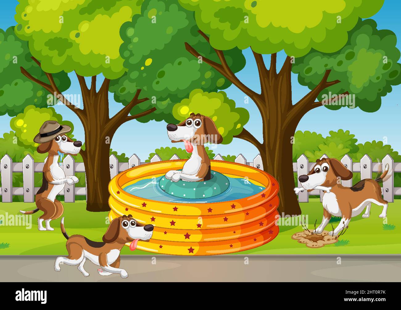 Many dogs playing in the park illustration Stock Vector