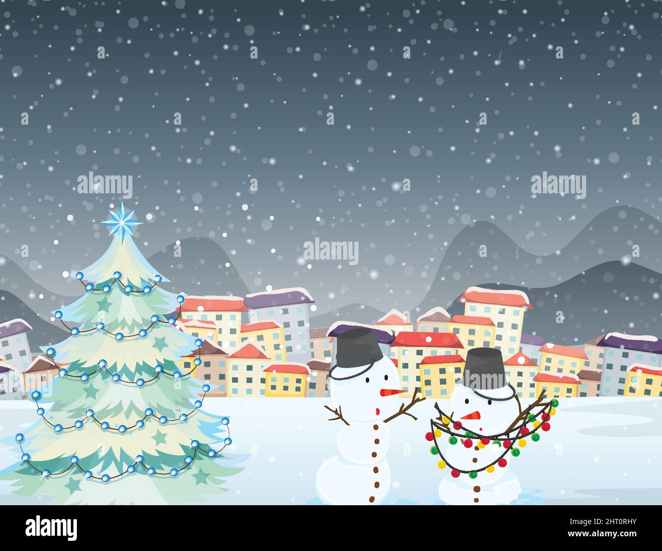 Snowy winter night in a town at night illustration Stock Vector Image ...