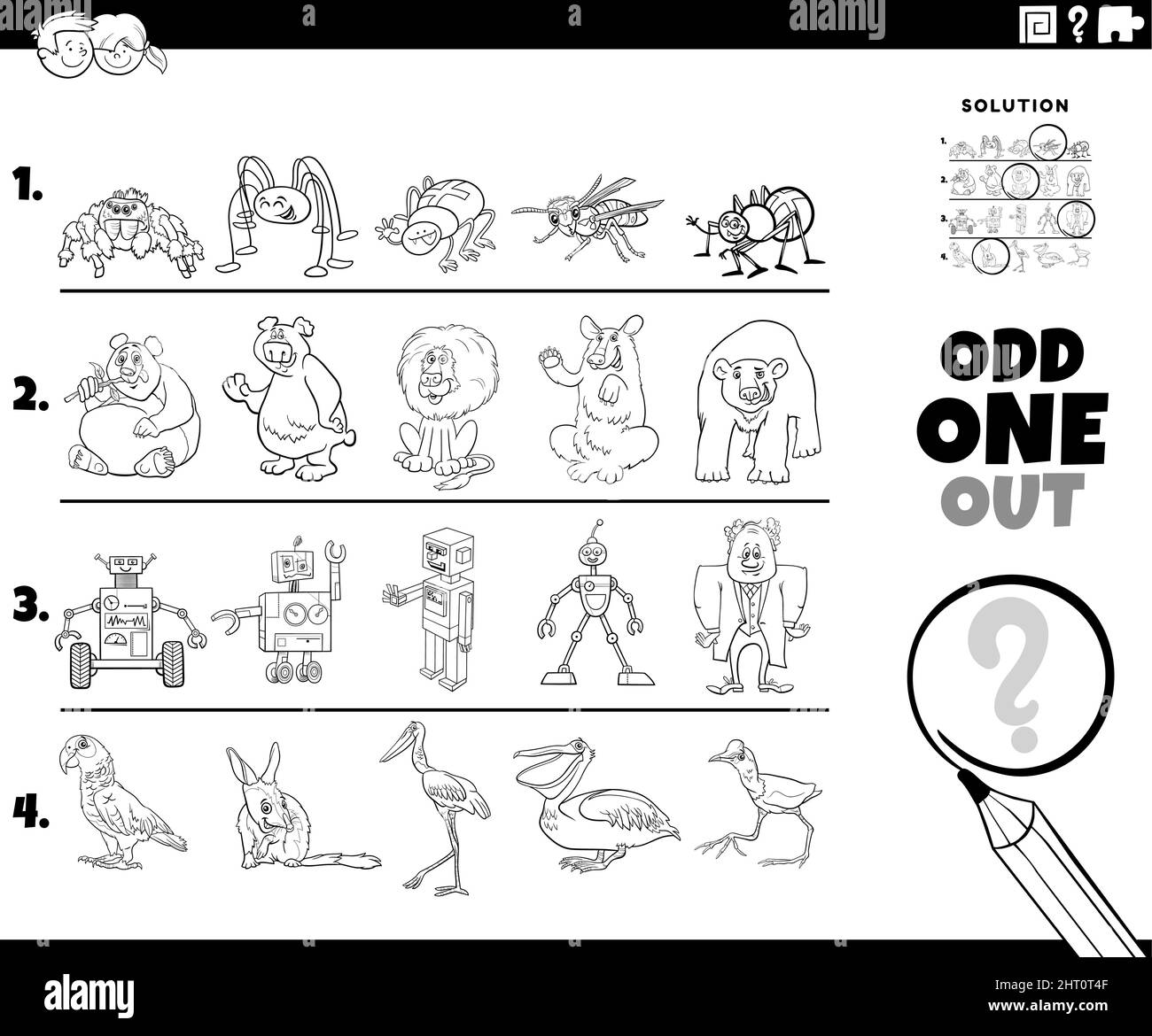 Black and white cartoon illustration of odd one out picture in a row educational game for children with comic characters coloring book page Stock Vector