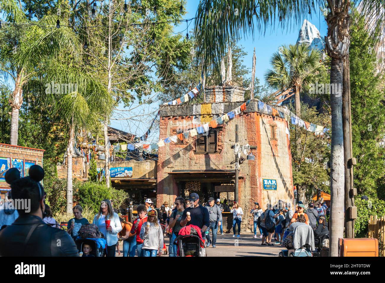 Kissimmee, Florida - February 7, 2022: Closeup View of Thirsty River Bar with Indian Style inside Asia of Disney World Animal Kingdom, Crowd of People Stock Photo