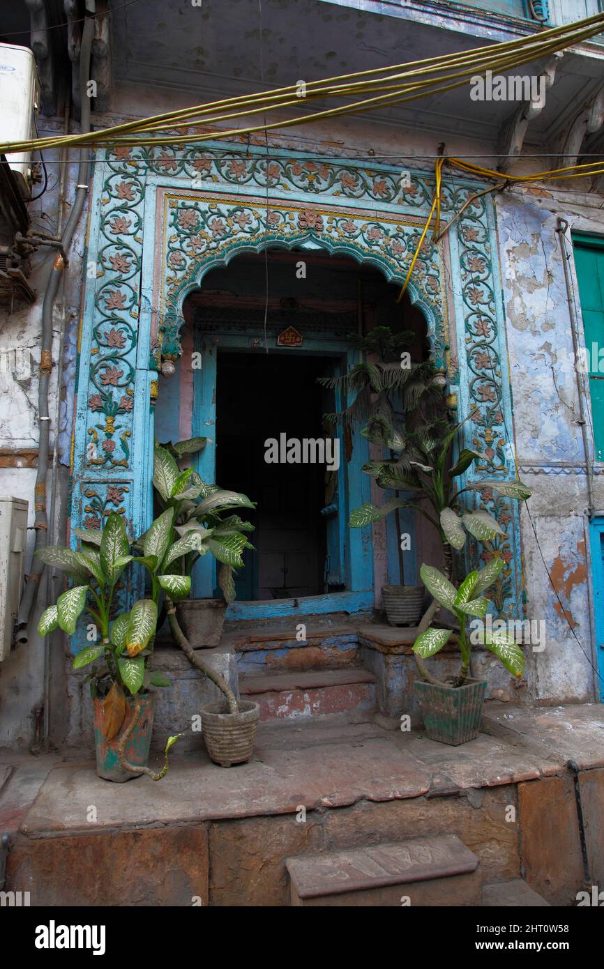 Once ornate entrances to the old houses in Old Delhi, Delhi, India. Stock Photo