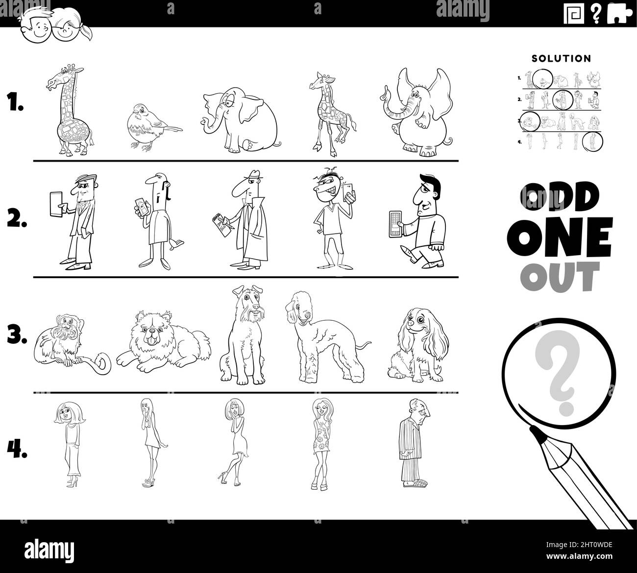 Black and white cartoon illustration of odd one out picture in a row educational activity for children with comic characters coloring book page Stock Vector
