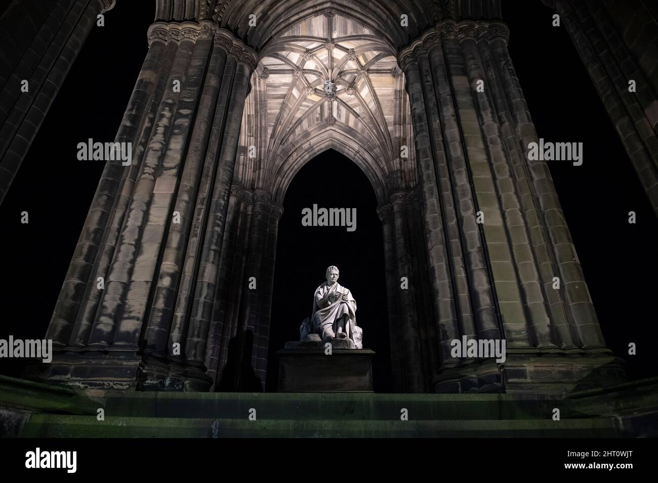 The Scott Monument at night in Princes Street Gardens, Edinburgh, Scotland Stock Photo