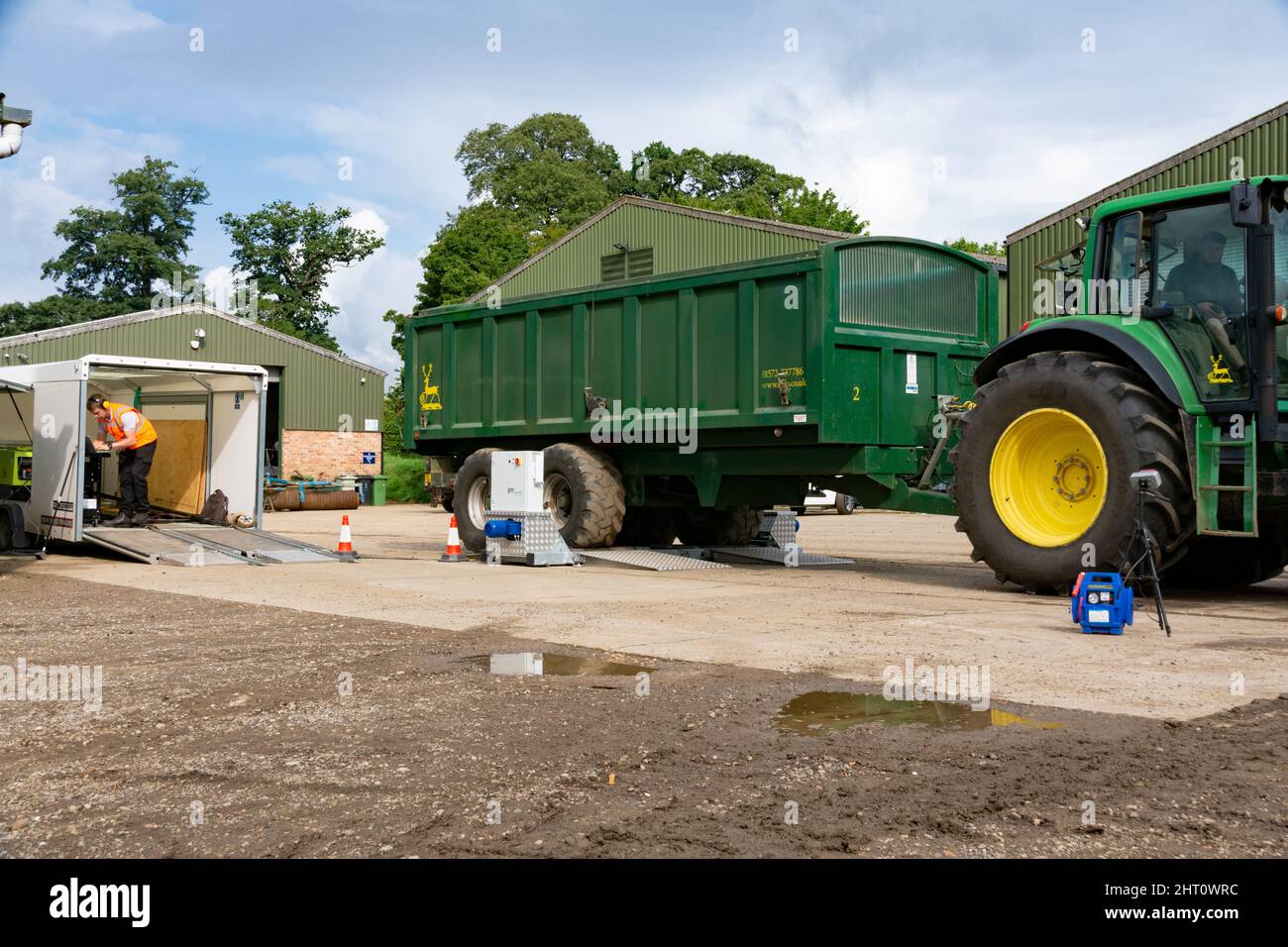 Agricultural tractor and trailer undergoing annual brake testing Stock