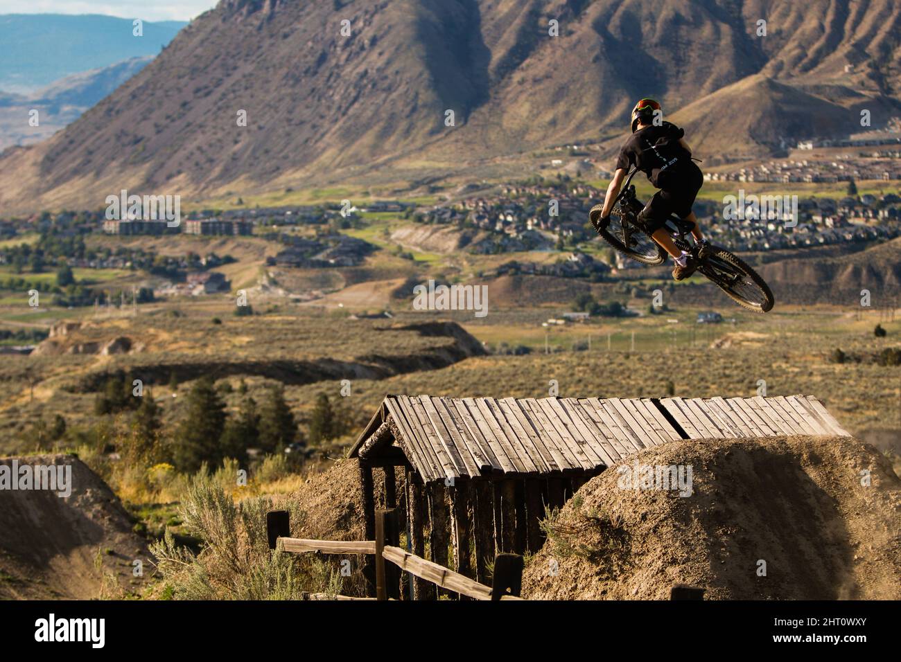 View of mountain biker Jake Furniss at the Kamloops Bike Ranch Stock
