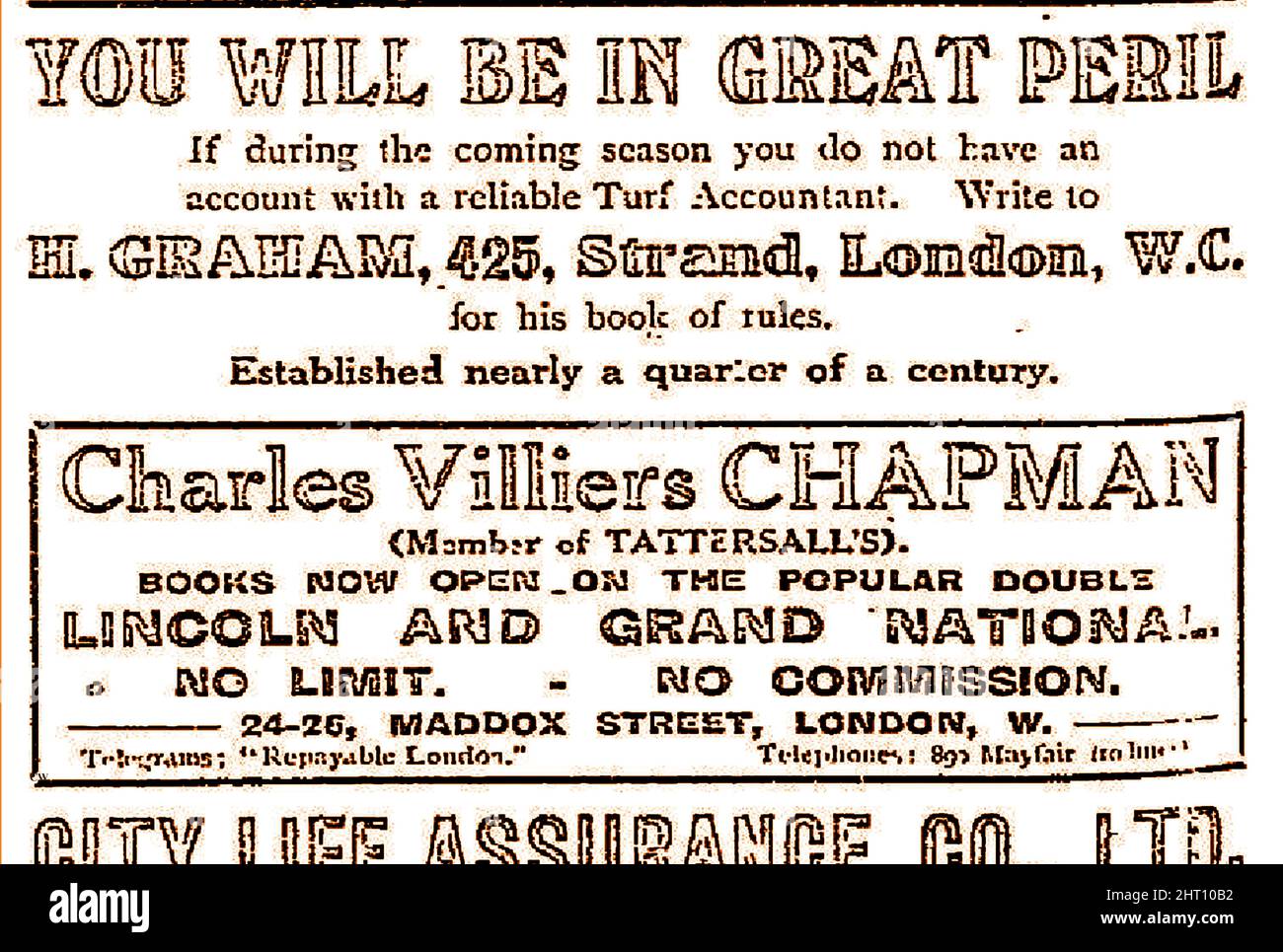 1912 -  An English advertisements for Turf Accountants (H Graham of 425 The Strand, London and Charles Villiers Chapman of 24-26 Maddox Street, London W.) Stock Photo