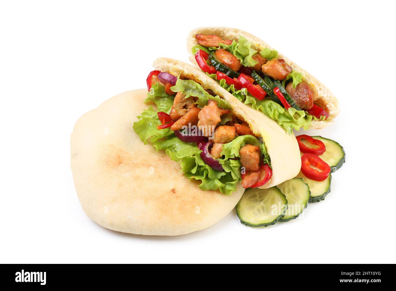 Pitas with chicken meat isolated on white background Stock Photo