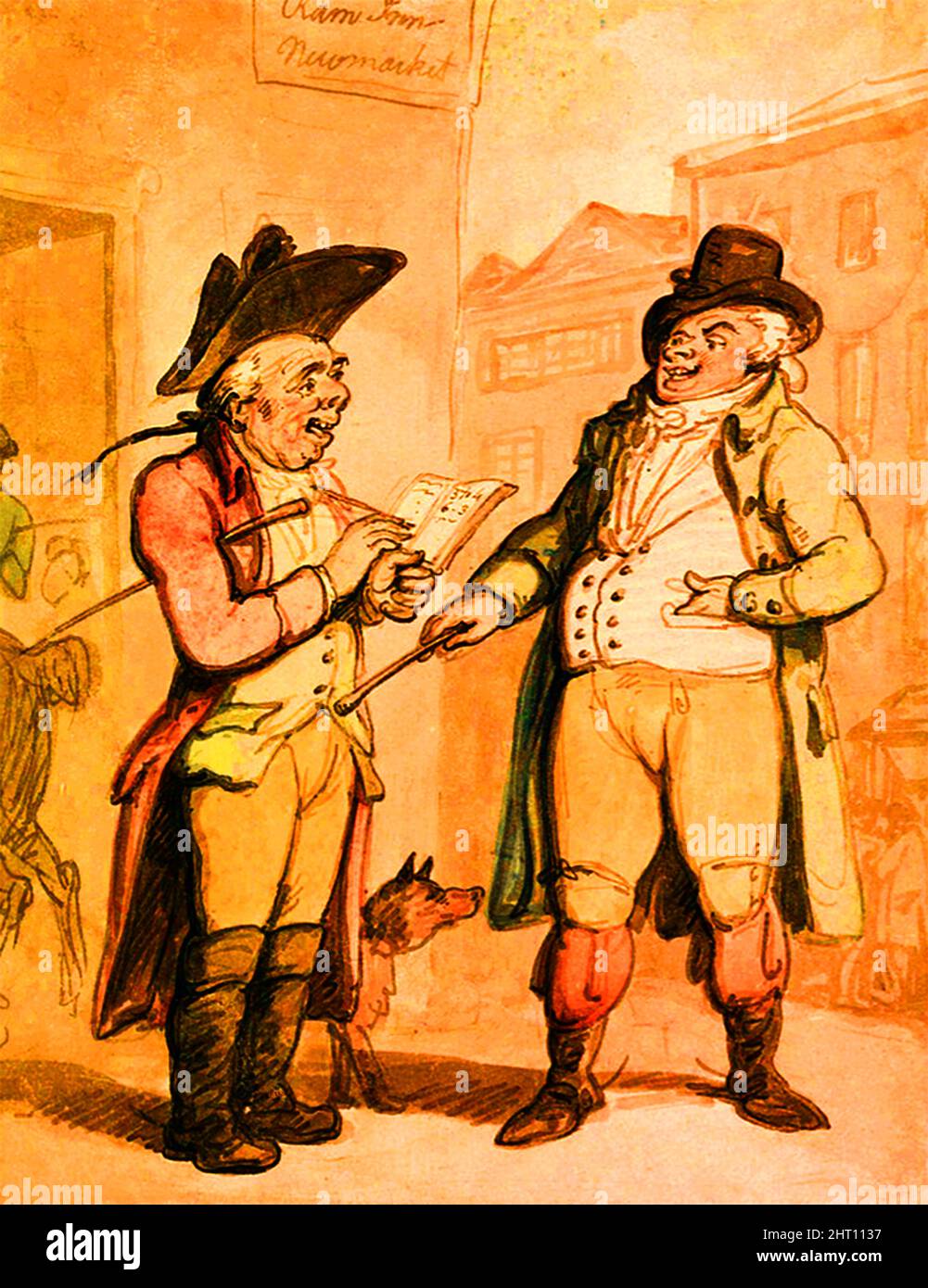 A coloured 18th century image of a bookmaker taking a bet outside of the Ram Inn Newmarket, UK. its believed that the Ram stood where the Rutland Arms is today. Stock Photo