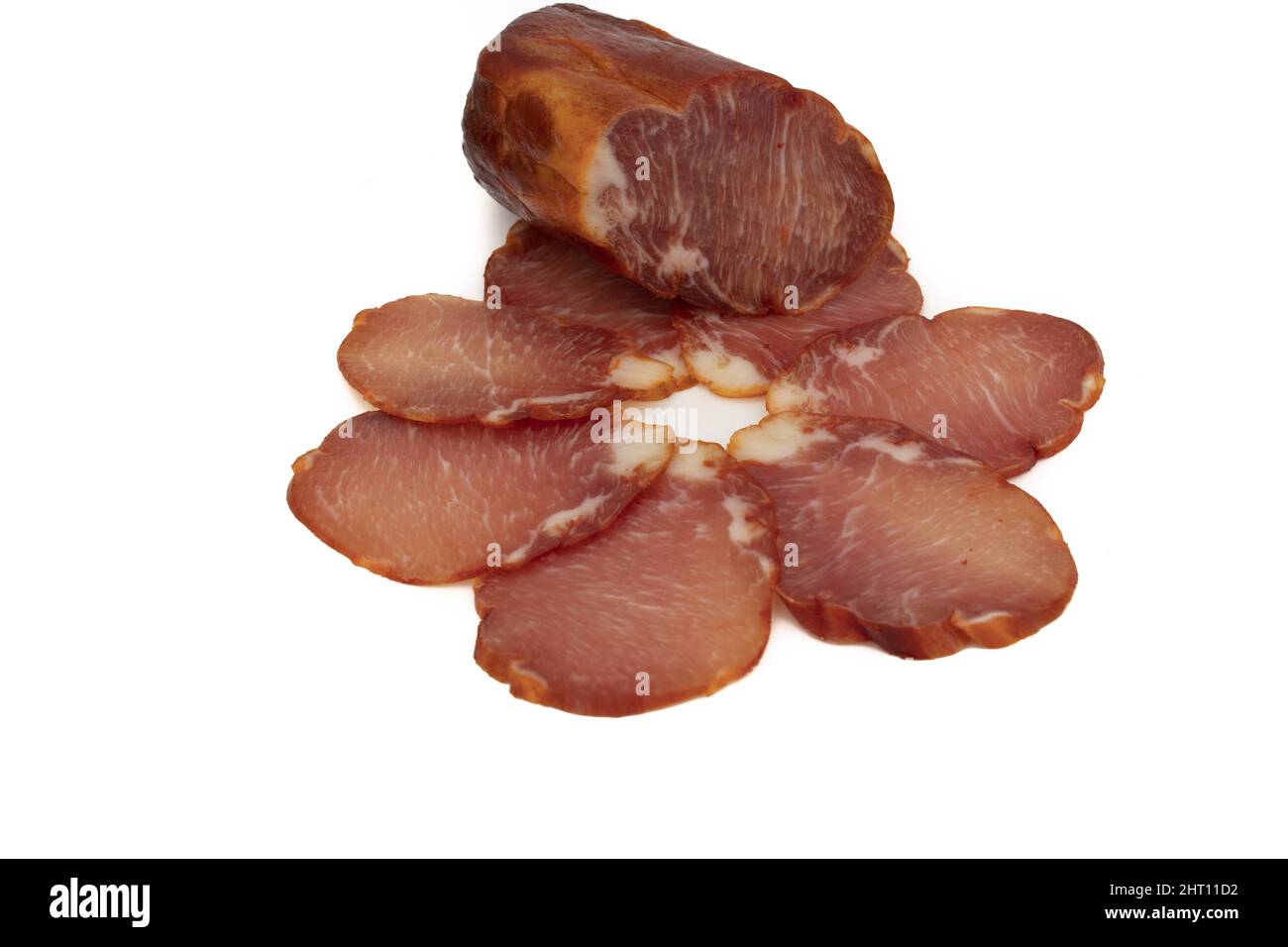 Slices of Spanish Iberian loin sausages on a white background Stock Photo