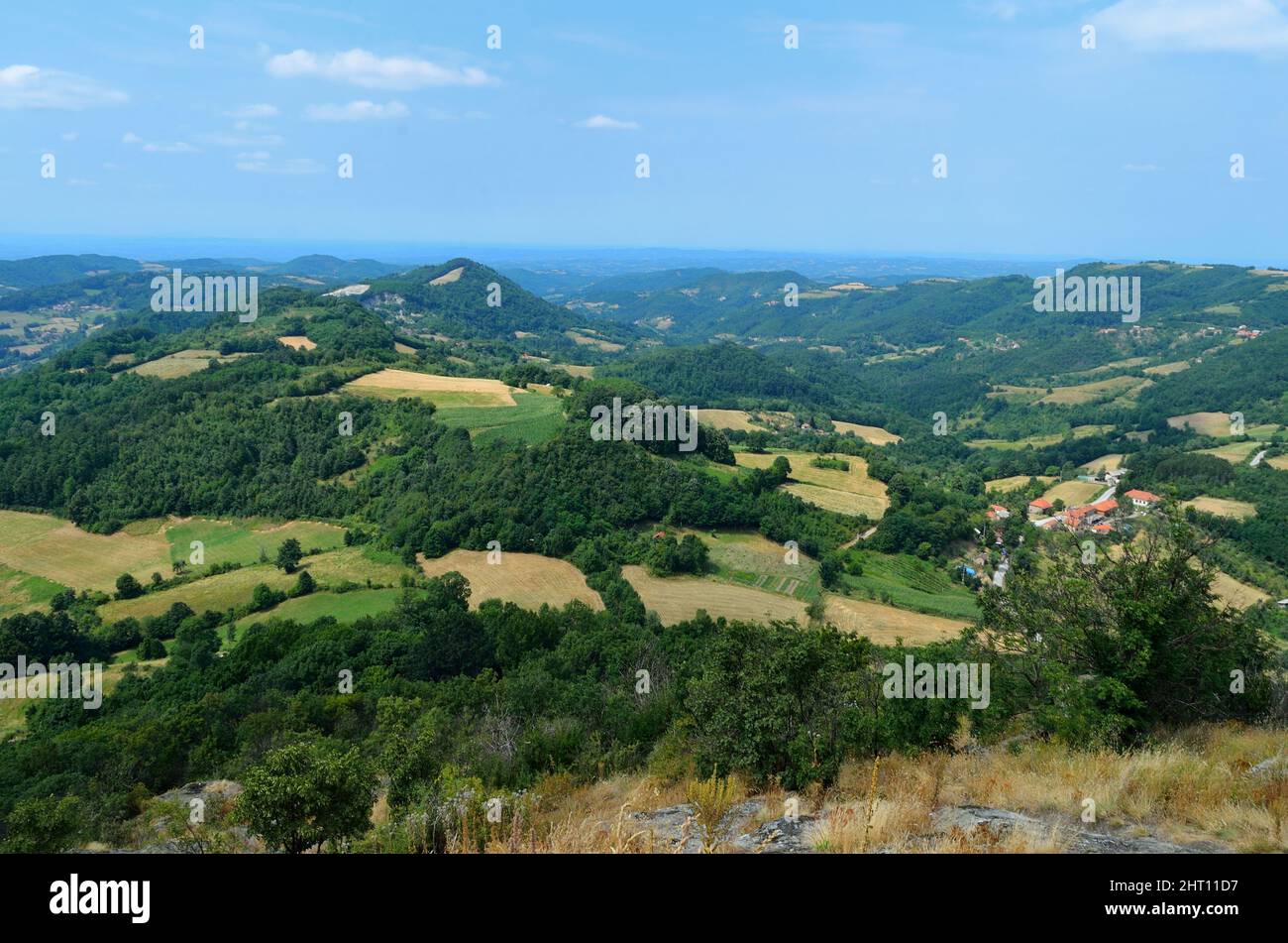 Landscape view of fields and trees under a blue cloudy sky Stock Photo ...
