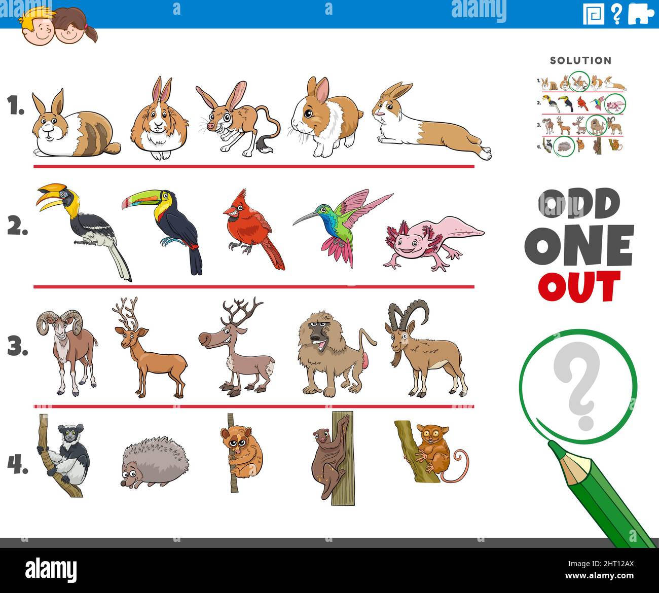 Cartoon illustration of odd one out picture in a row educational task for children with comic animal characters Stock Vector