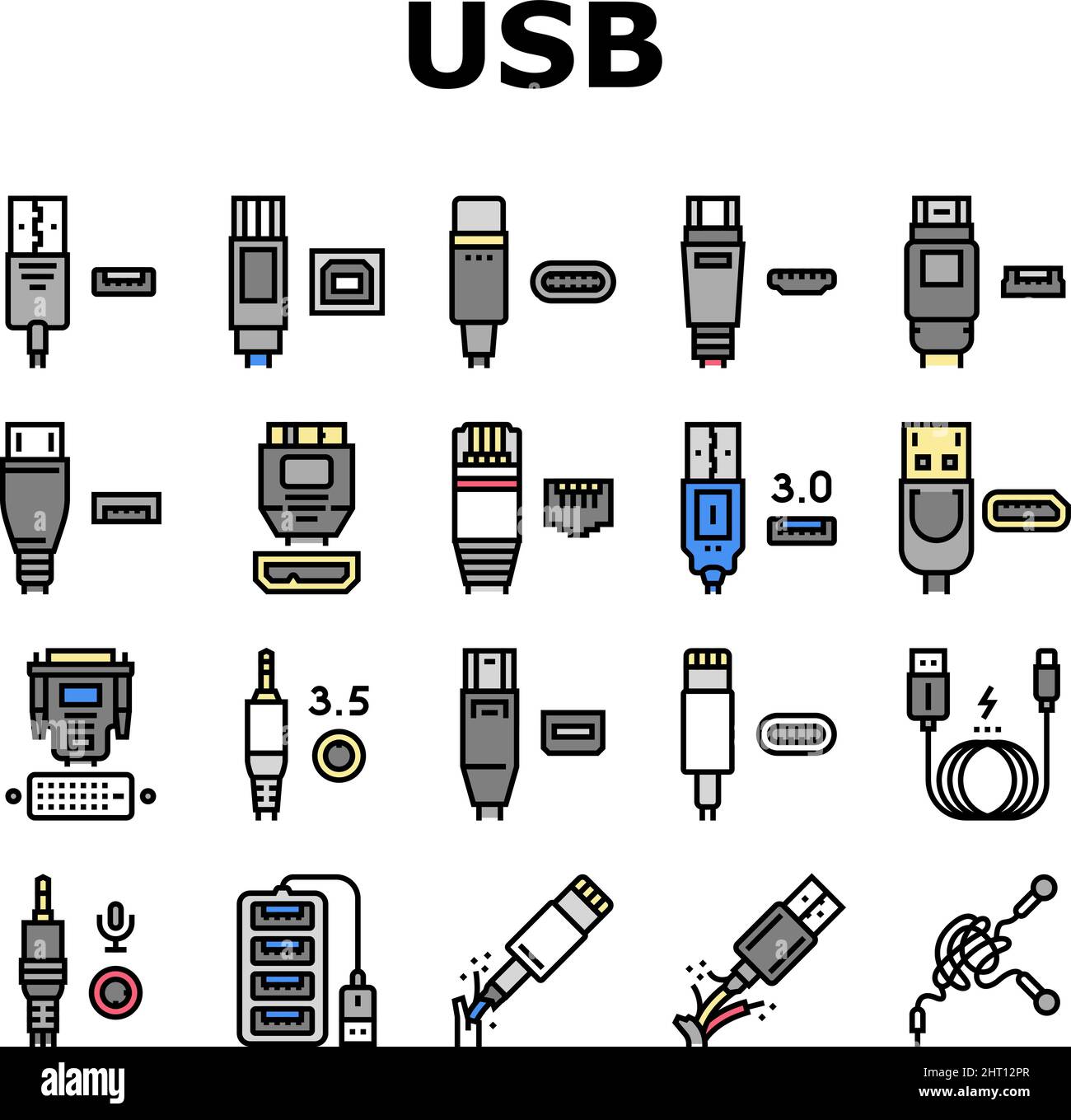 Usb Cable And Port Purchases Icons Set Vector Stock Vector Image & Art