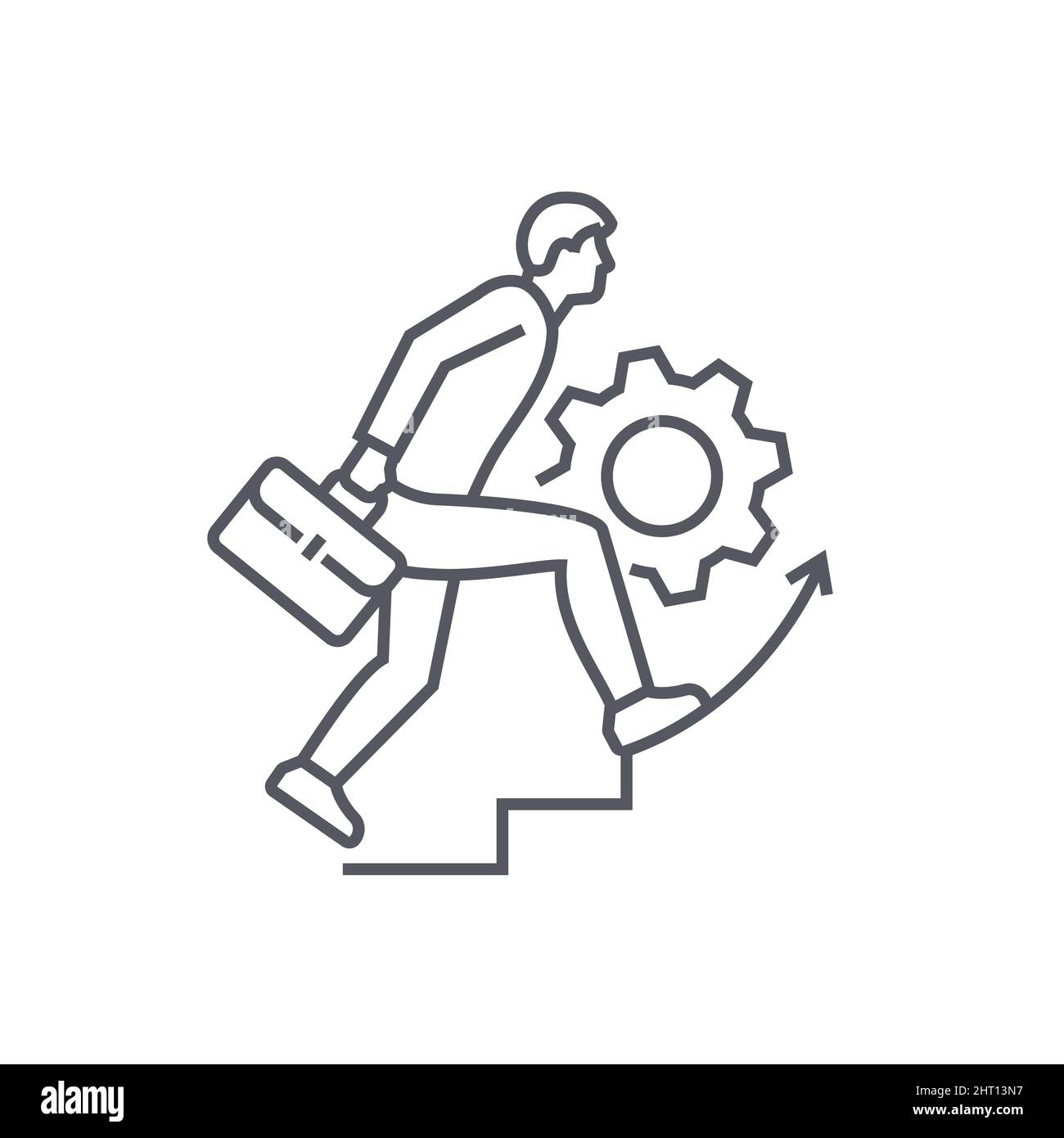Career growth - modern black line design style icon on white background. Neat detailed image of man with briefcase climbing stairs. Achievement of pro Stock Vector