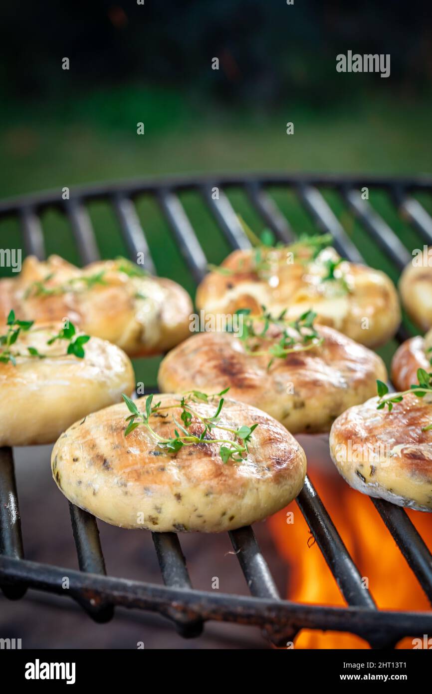 Tasty grilled halloumi cheese baked on a fire grilled. Roasted cheese