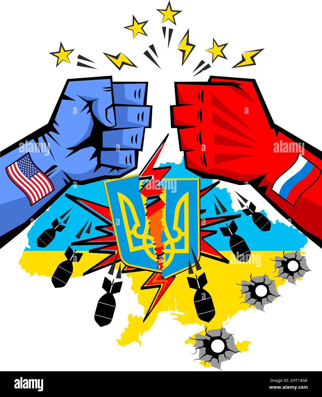 Poster Battle of giants for Ukraine. The clash of powerful fists of the USA and Russia, a broken coat of arms and bullet holes on the map of Ukraine, Stock Vector