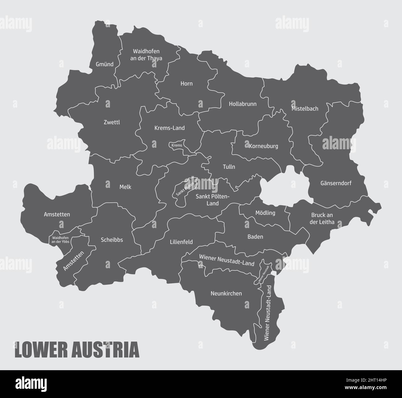 The Lower Austria state. Administrative map with labels. Stock Vector