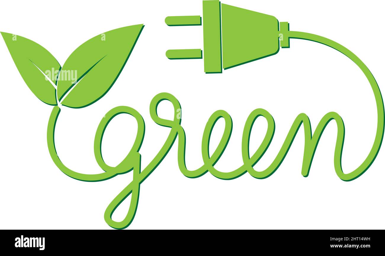 green sustainable energy symbol, handwritten word GREEN with leaves and electric plug, vector illustration Stock Vector