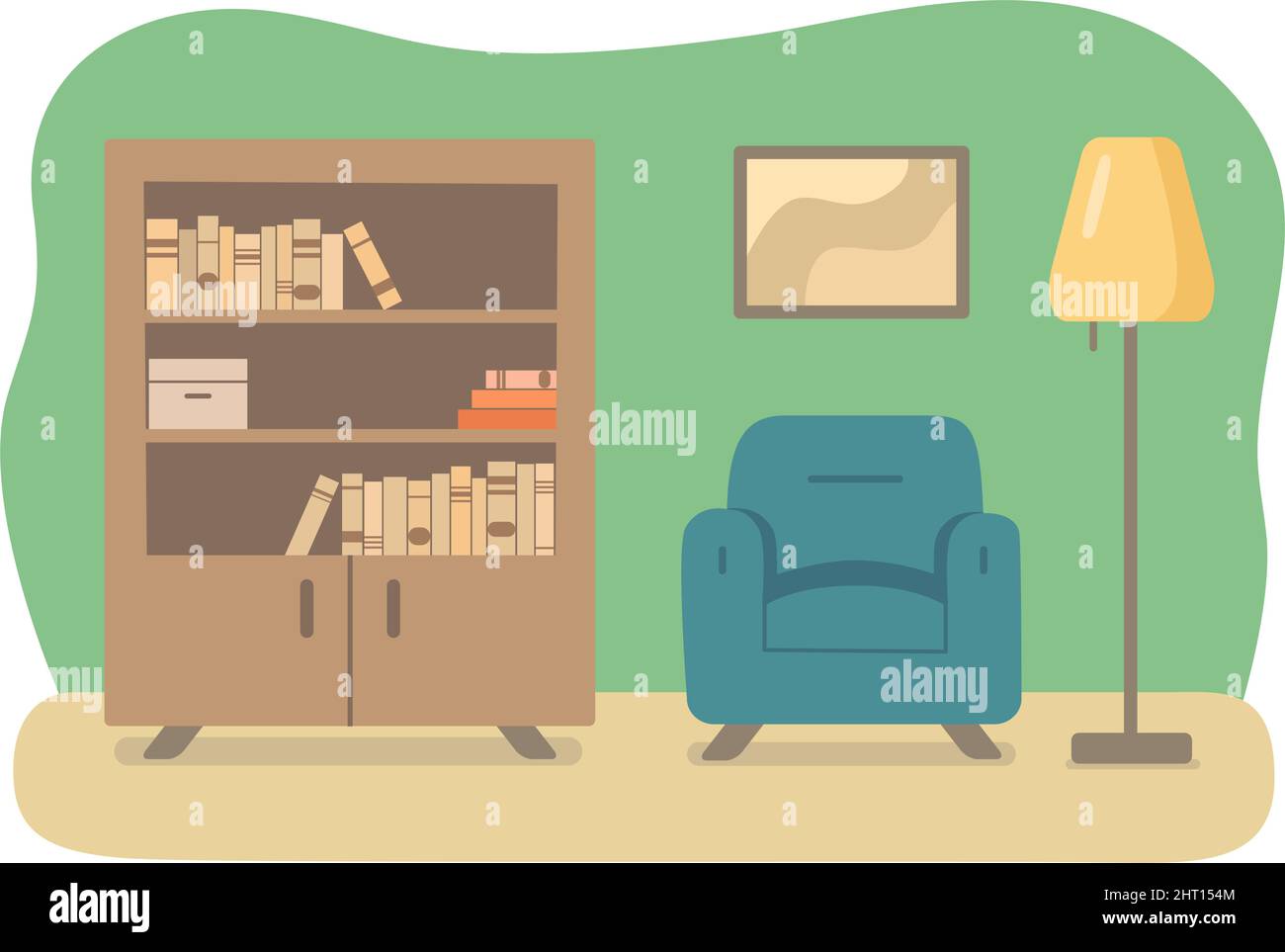 Room interior with armchair, bookcase and floor lamp. Cozy reading nook