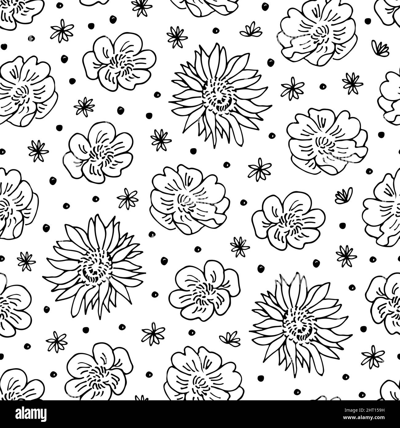 Flowers doodle hand drawn pattern, vector floral seamless background ...