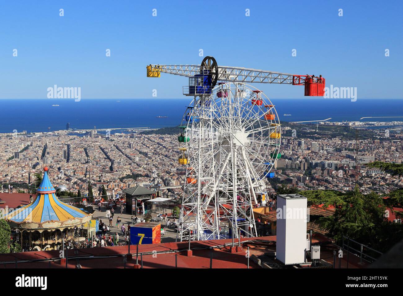 BARCELONA, SPAIN - MAY 13, 2017:  This is an aerial view of the city from the height of the Tibidabo Amusement Park. Stock Photo