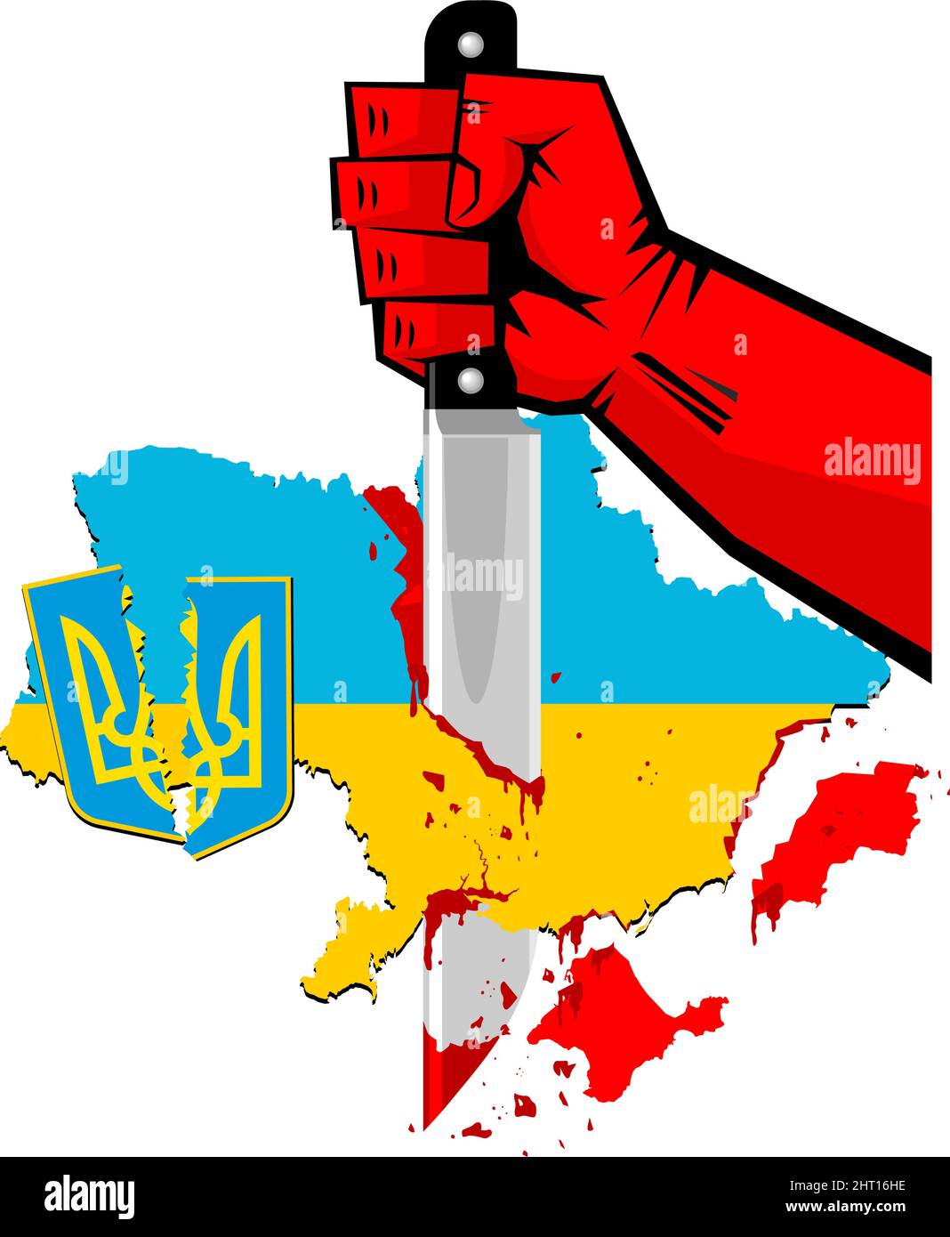 No war, no blood. Ukrainian military poster. The red hand of Russia cuts Ukraine with knife. Vector Stock Vector