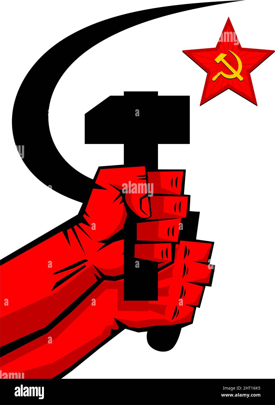 Red propaganda poster retro style. Sickle and hammer in hands, soviet star. Vector Stock Vector