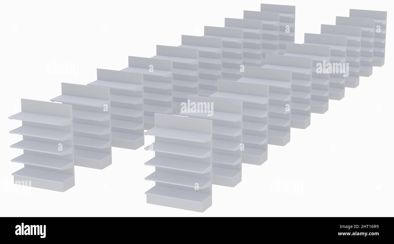Empty White Display With Commercial Shelves. 3D. Front view and perspective. Mockup, Template. Illus Stock Photo