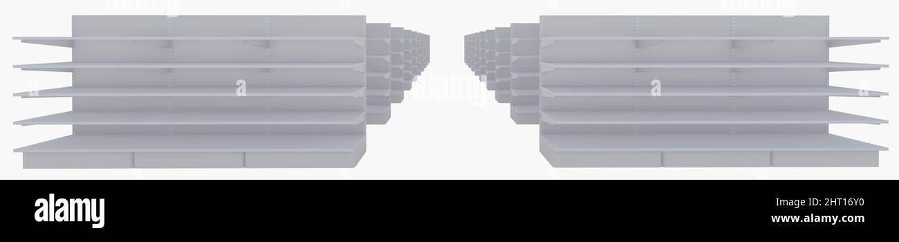 Empty White Display With Commercial Shelves. 3D. Front view and perspective. Mockup, Template. Illus Stock Photo