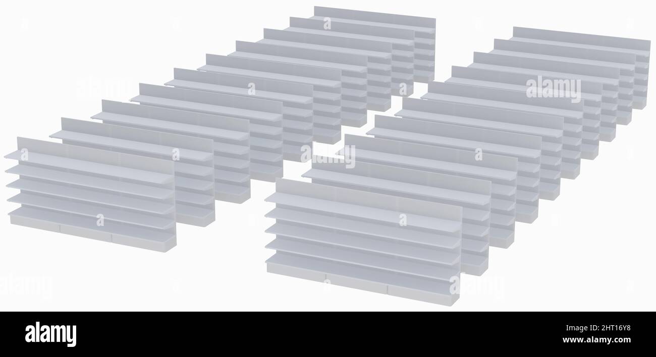 Empty White Display With Commercial Shelves. 3D. Front view and perspective. Mockup, Template. Illus Stock Photo