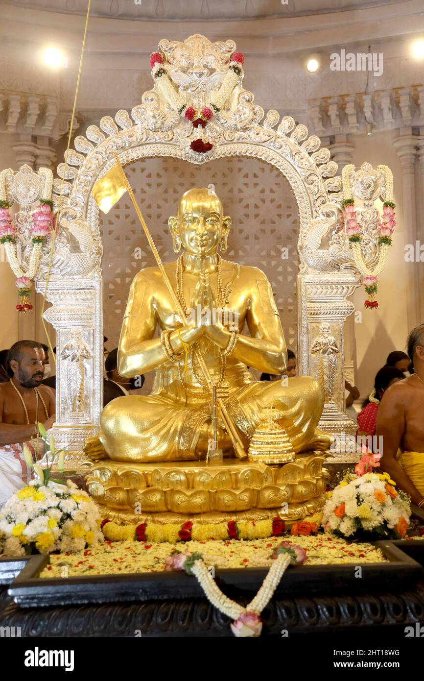 Ramanuja statue, Gold statue, Statue of Equality, Muchintal, Hyderabad, Telengana, India. Stock Photo
