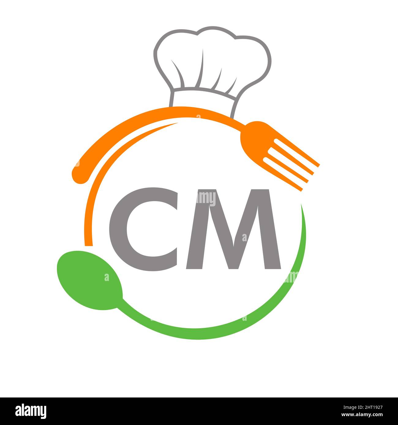Letter CM Restaurant Logo with Chef Hat Spoon And Fork Template. Restaurant Logo On Letter CM Barbecue, Cafe Logo Vector Stock Vector