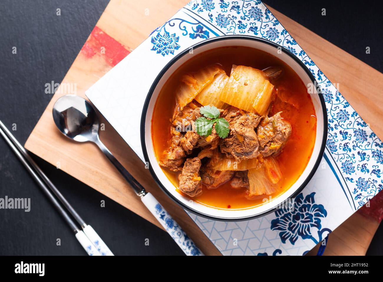 Asian Food concept Spicy beef and Kimchi Soup or stew Kimchi Jjigae in