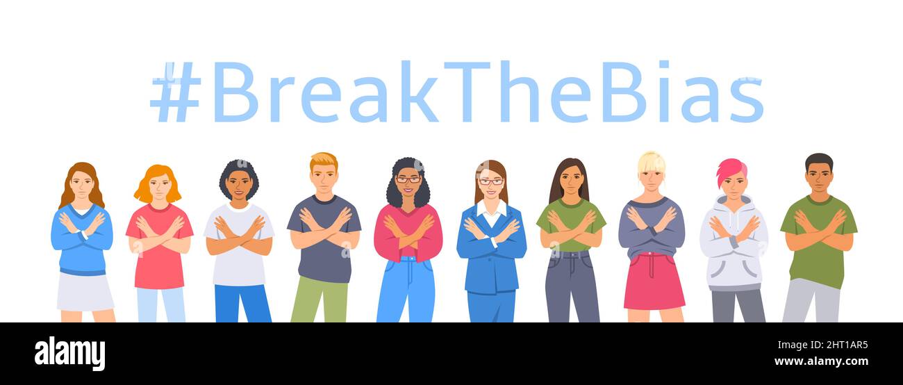 Break the bias campaign. Smiling diverse women and men stand with crossed arms pose to stop gender discrimination and fight stereotypes. People equali Stock Vector