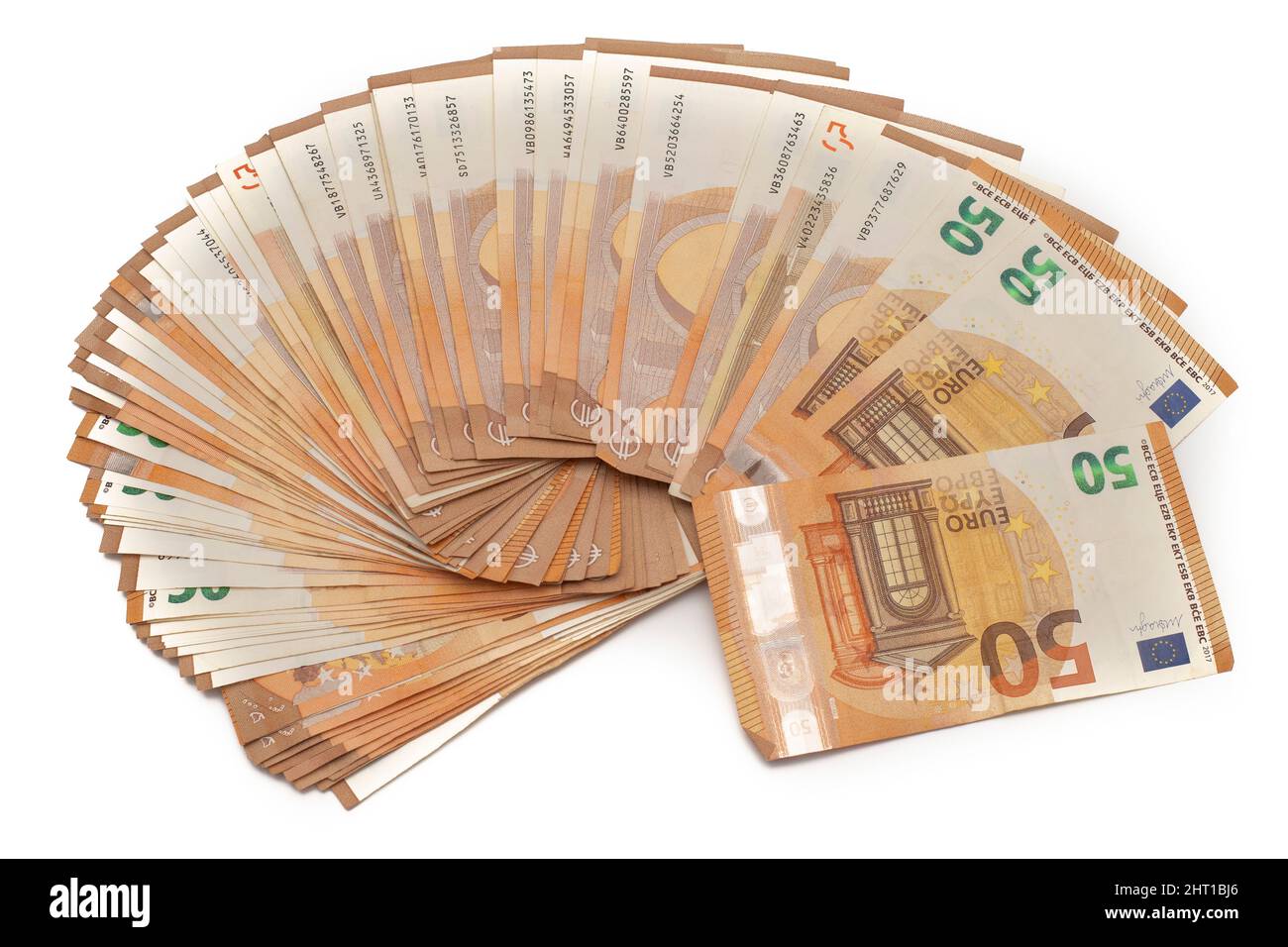 50 euro bills spread out in the shape of a fan. Isolated on white  background Stock Photo - Alamy