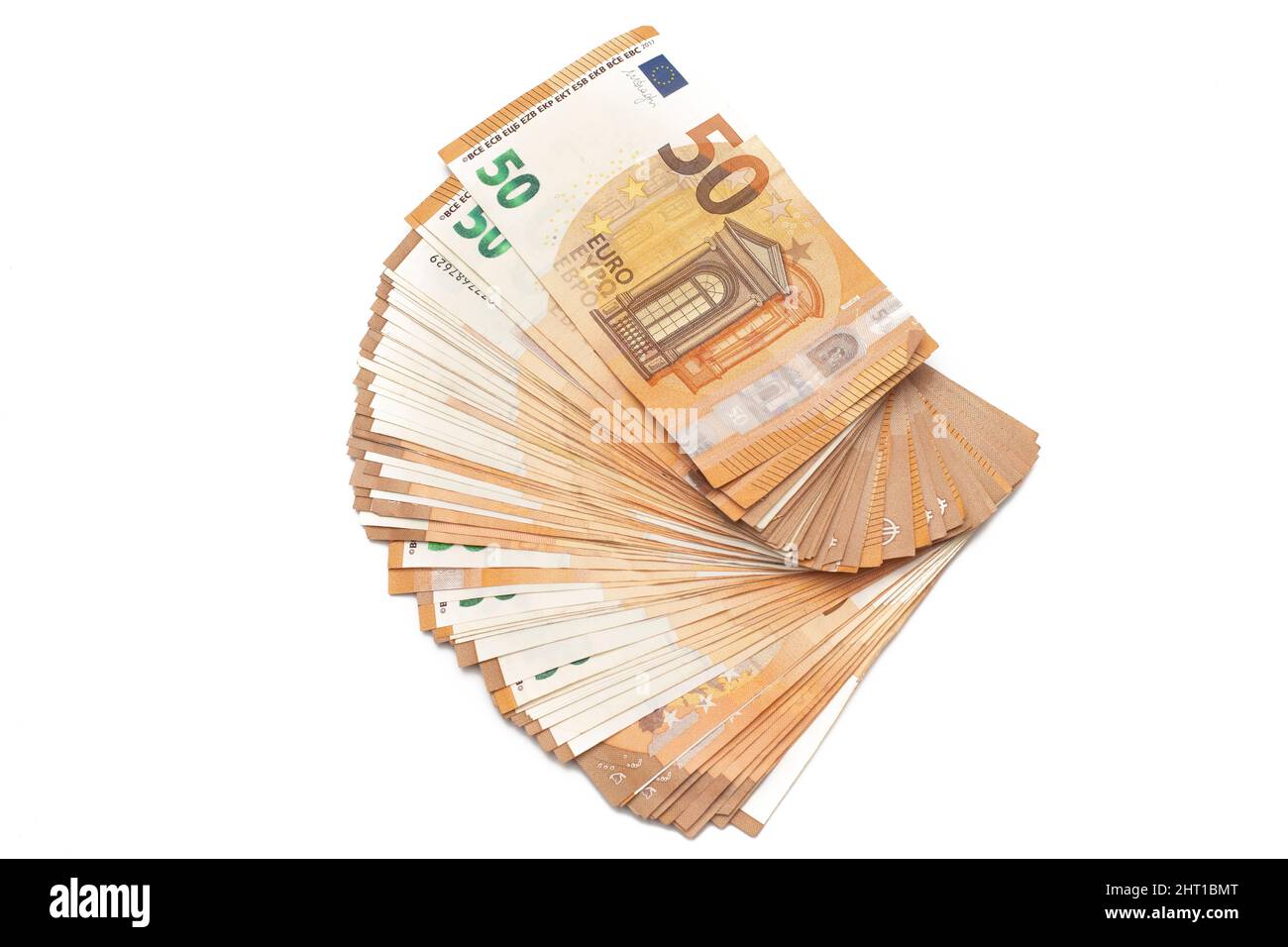 50 euro bills spread out in the shape of a fan. Isolated on white  background Stock Photo - Alamy