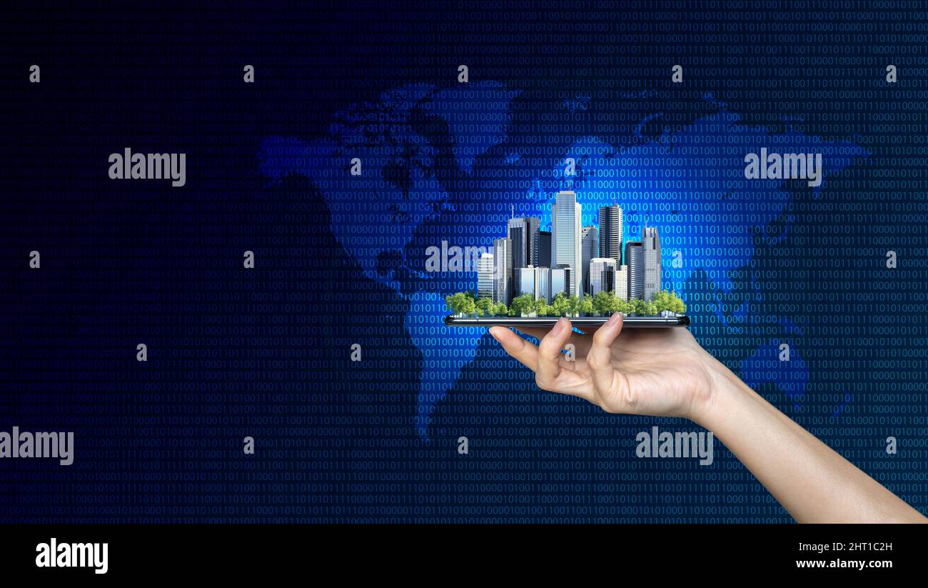 5G network wireless internet Wi-fi connection and internet of things on city background Smart city and communication network concept Stock Photo