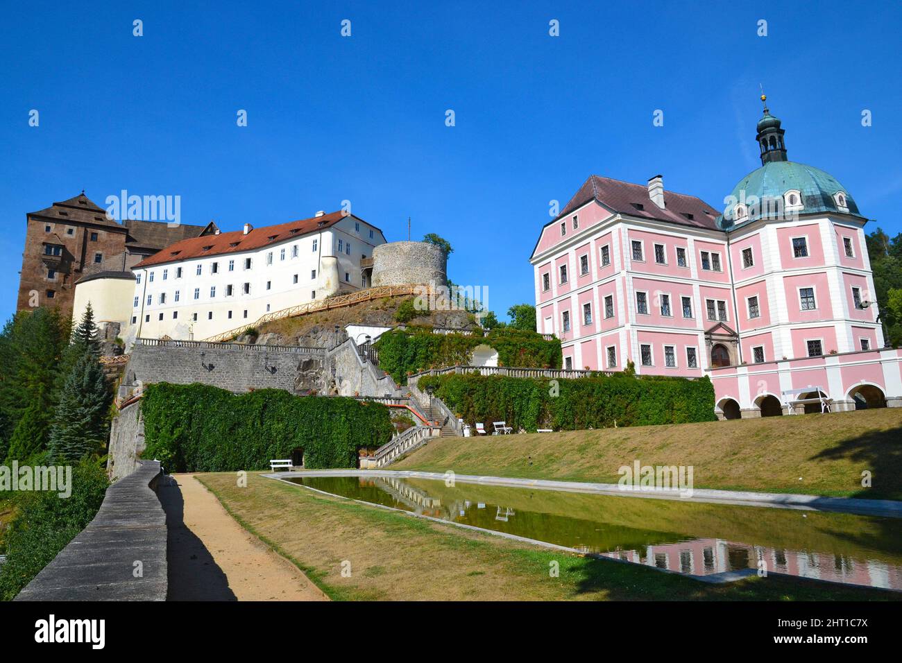 Becov nad Teplou, Czech Republic - August 12, 2018: Beautiful baroque chateau and gothic castle with gardens in the ancient town of Becov nad Teplou n Stock Photo