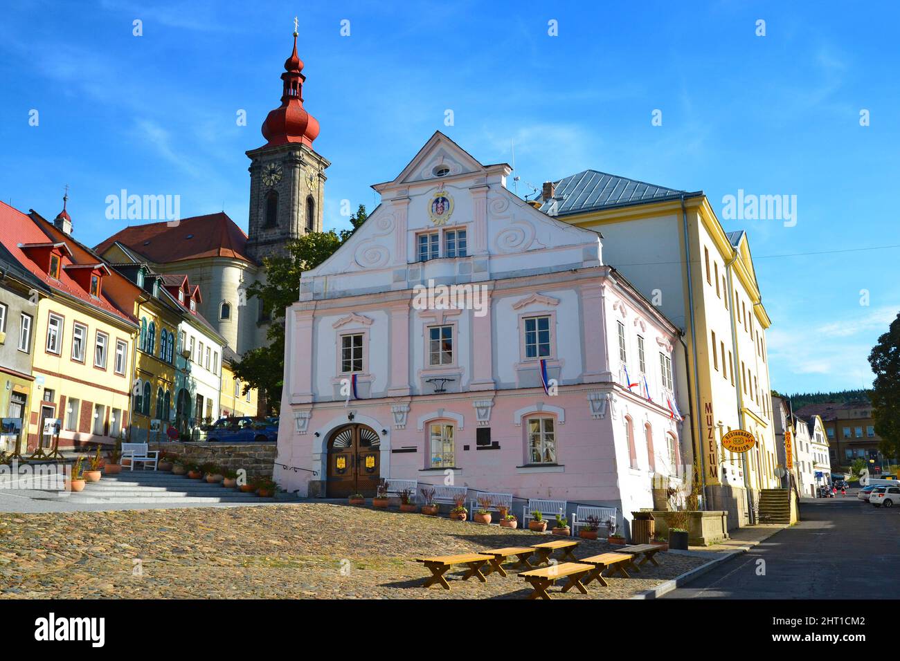 Becov nad Teplou, Czech Republic - August 12, 2018: Old baroque town hall on the square in Becov nad Teplou near the spa town of Karlovy Vary, Czech R Stock Photo