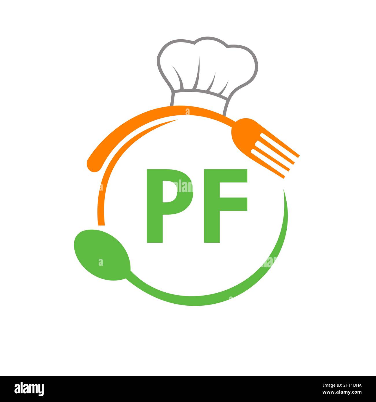 Letter PF Restaurant Logo with Chef Hat Spoon And Fork Template. Restaurant Logo On Letter PF Barbecue, Cafe Logo Vector Stock Vector