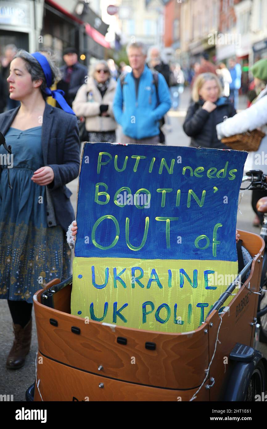 Stroud, UK, 26th February, 2022. An anti-war demonstration taking place today in Stroud town centre in support of the people of Ukraine both those living there and those living locally in Gloucestershire. Gloucestershire, UK. Credit: Gary Learmonth / Alamy Live News Stock Photo