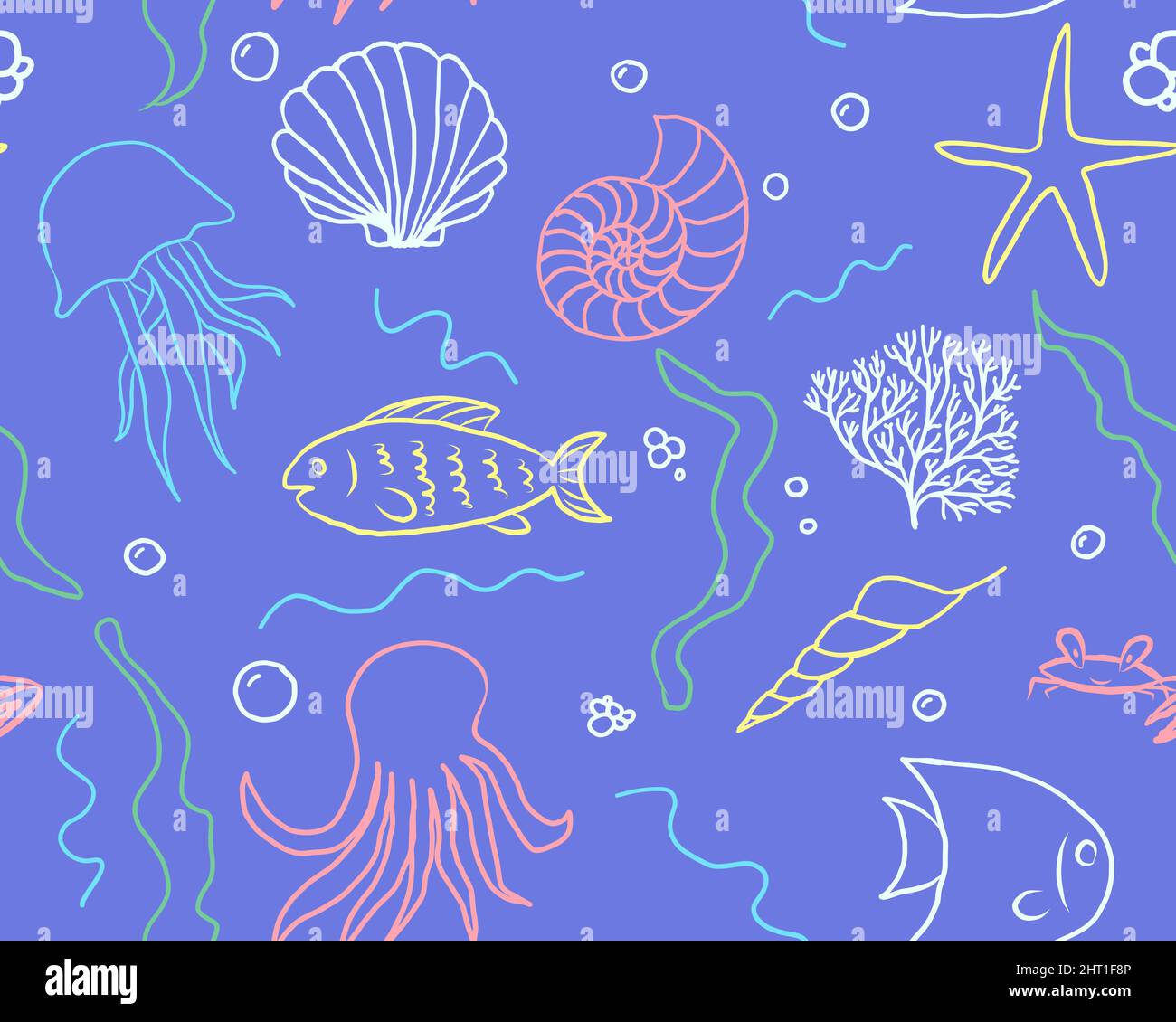 Seamless Pattern With Seashells On Blue Background doodle style pattern ...